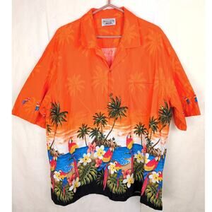 Vintage Pacific Legend orange parrot Hawaiian button up shirt Size XL Vacation